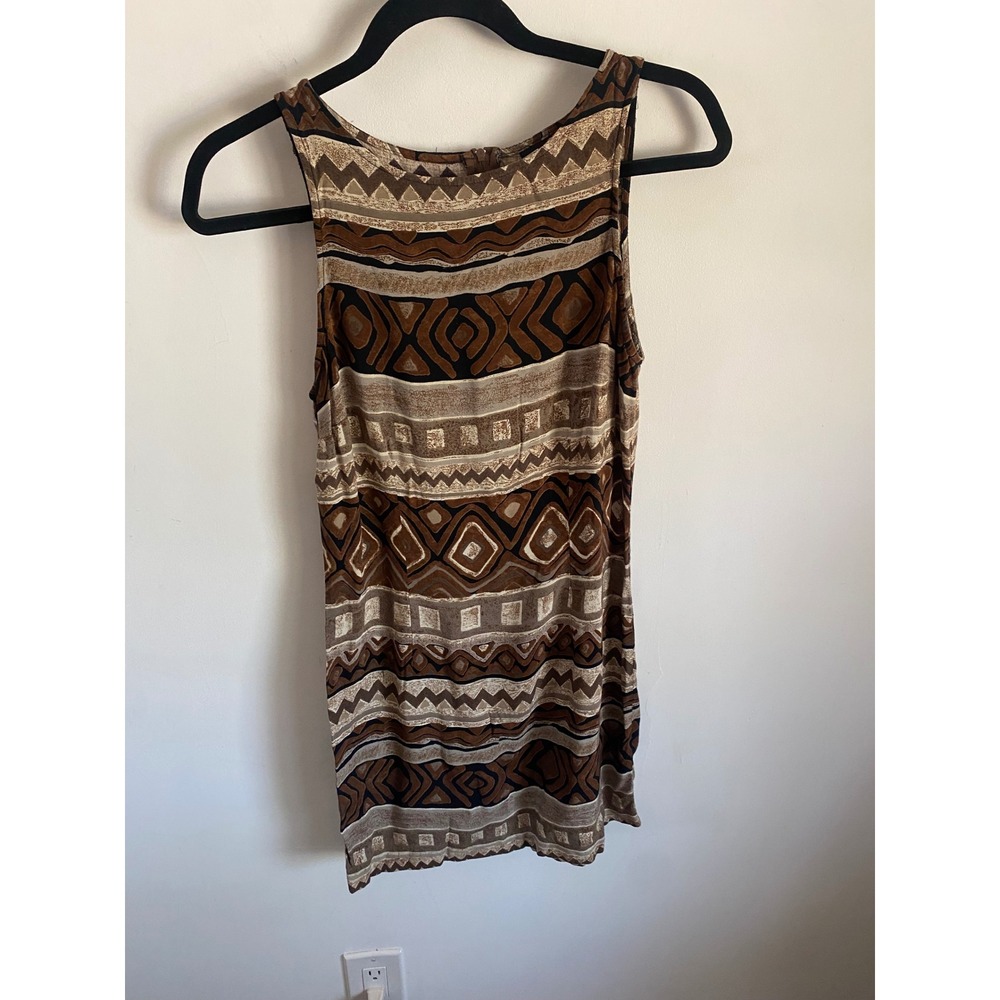 Vintage Blue 1989 Brown Geometric Tribal Print Rayon Shift Dress 9/10 USA Made